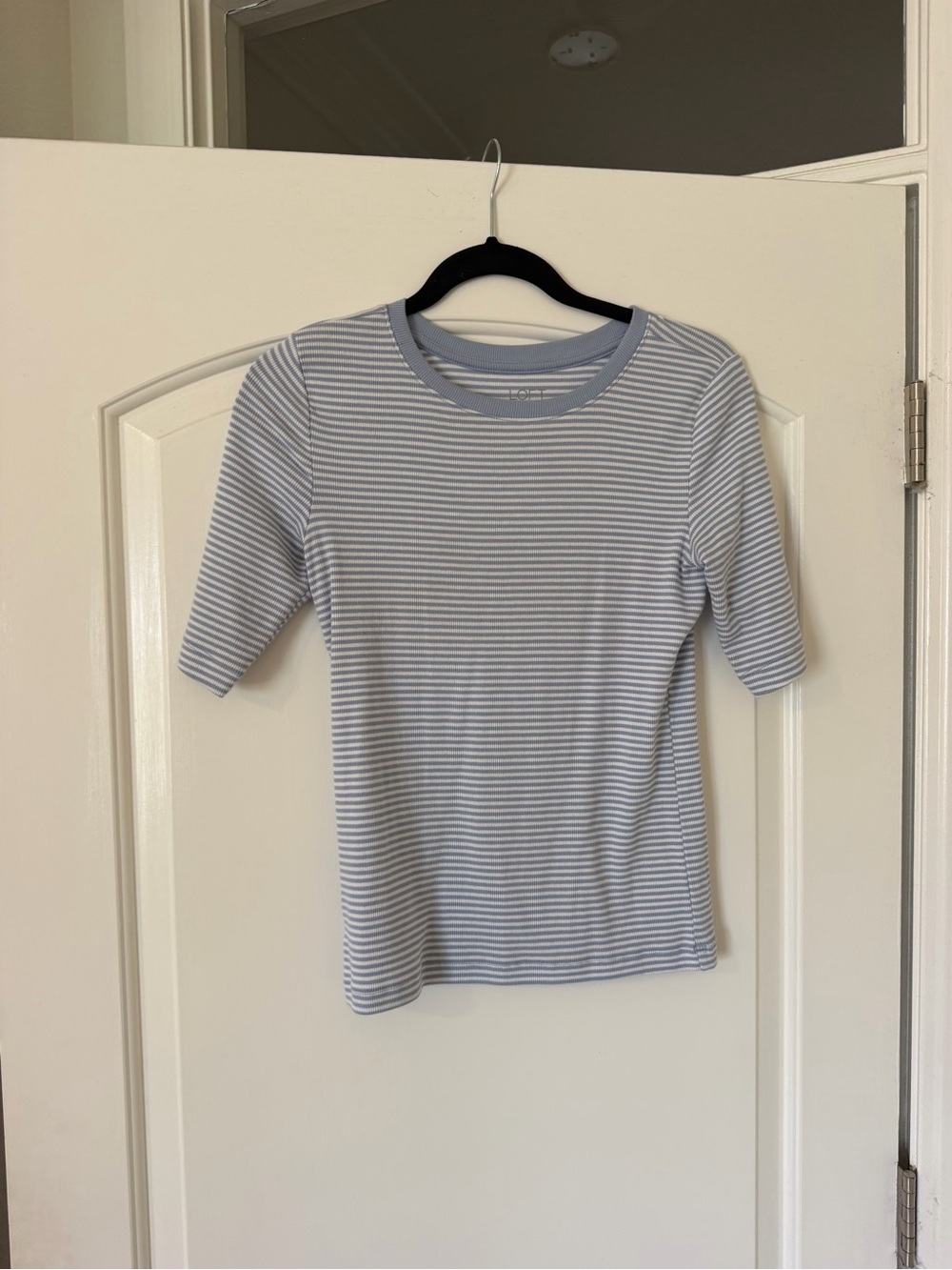 LOFT Light Blue and White Striped Short Sleeve Top